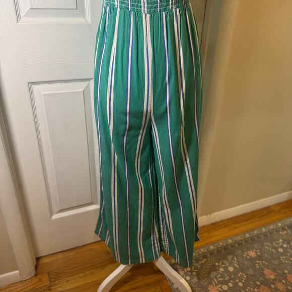 Cleobella Jade Jumpsuit Teal Navy White Striped Off the Shoulder Wide Leg Small - Picture 4 of 13